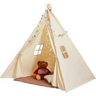 Vevor Spielzelt Kinder, Tipi-Zelt für Kinder 1–5 Jahre, Kleinkinderzelt mit Matte und dekorativen Plüschbällen, Zelt für Kinder mit Fenstern für drinnen & draußen Beige