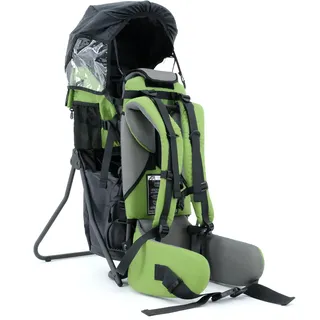 Lil' Boss Kinder Rückentrage Wandern, FASports Kindertrage 20kg bis 25kg, ergonomische Kindertrage Rucksack mit Regen- und Sonnendach, Kinderkraxe Kleinkind Grün/Schwarz, 50 x 38 x 90 cm