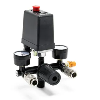 Wiltec Druckregler 165 x 130 x 200 mm mit Druckschalter für Kompressor, Mit 2 Anzeigen, 2 Kupplungen und Sicherheitsventil, Druckminderer - Wiltec