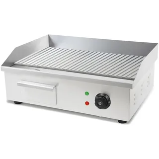 Vertes Grillplatte Bratplatte Plancha Grill Elektrisch 3000W aus Edelstahl Grillfläche Mit Rillen 55x35cm, Thermostat, Temperatur 50-300°c, Spritz & Wärmeschutz, Auffangbehälter, Gummifüße