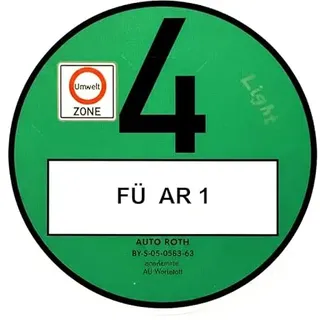 Grüne Umweltplakette - Offiziell und amtlich annerkannt, gültig für alle Umweltzonen in Deutschland - Ihr Kennzeichen wird UV-beständig auf die Umweltplakette gedruckt - Feinstaubplakette Grün