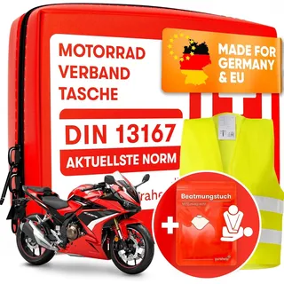 purahelp Motorrad Verbandskasten nach aktueller Norm 2026 DIN 13167 (StVO konform) - Inkl. Warnweste & Beatmungstuch - Motorrad Erste Hilfe Set 2026 Mini Klein