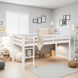 Homestyle4u Hochbett 90 x 200 cm Kiefer massiv lackiert weiß grau mit Rutsche