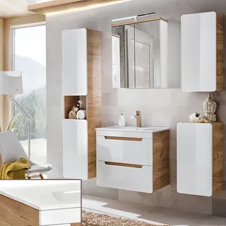 Lomadox Badmöbel Set, Hochglanz weiß mit Wotan Eiche Nb., 61 cm Waschtischunterschrank & Keramik-Waschtisch & LED-Spiegelschrank