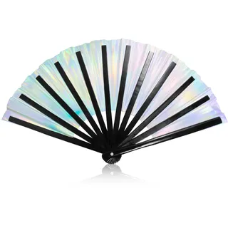 Silberner holografischer Rave Handfächer, laserschillernder Fächer, großer Faltfächer, Festival Fächer, Faltbarer Bambus Handklack Fächer, Glitzer-Fächer, metallischer Handfächer für Nachtclub