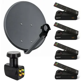PremiumX Satelliten-Komplettanlage 60cm Antenne Quad LNB für 4 Teilnehmer 4x DVB-S2 SAT TV Receiver FullHD