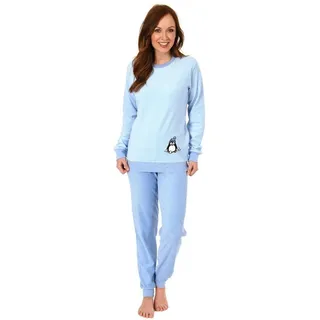 RELAX by Normann Damen Frottee Pyjama Langarm Schlafanzug mit Bündchen und süßem Pinguin Motiv - 201 13 564, Farbe:hellblau, Größe2:40/42 - 40