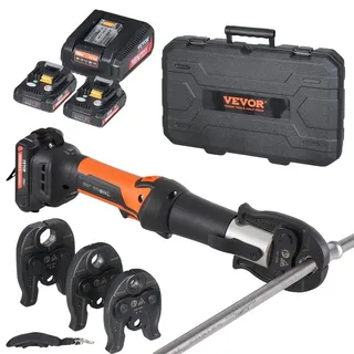 Vevor Presswerkzeug und Akku-Set, Pro Presswerkzeug, elektrisches Rohrcrimpwerkzeug mit V15-/V22-/V28-Backen, 2 Stück 18-V-2,0-Ah-Akkus, Schnellladegerät und Tragetasche
