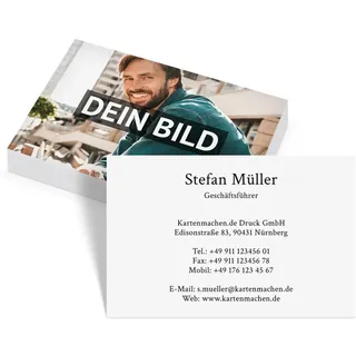 Individuelle Foto Visitenkarten von 100 bis 2.500 Stück personalisiert "Universal", eigener Text und Bild/Logo, dickes 300g/qm Papier, 85x55mm, beidseitiger Druck, Farbe und Schriftart wählbar