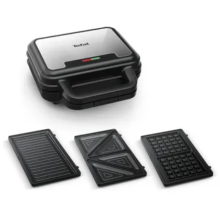 Tefal SW383D10 3-in-1 Sandwich/Waffel/Panini, Kombigerät, Antihaftbeschichtung, wärmeisolierter Griff, Edelstahl/Schwarz,