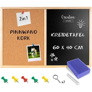 Creative Home 60 x 40 cm Pinnwand Kork & Kreidetafel Kombitafel | Schwarz mit 5 Stiften, Kreide und Schwamm | Perfekt für Küche Korkwand Wandtafel Blackboard Pinwand Memoboard Visionboard