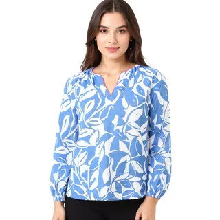 ZWILLINGSHERZ Damen Sommer-Bluse mit Blätter-Muster Baumwoll Langarmshirt 33229-89 Weiß/Blau/Pink - S/M