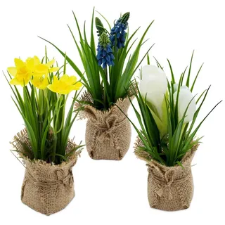 Spetebo Deko Kunstblume Im Jutesäckchen 19 Cm - 3er Set - Kunstpflanze Klein Mit Blumen Und Büten Im Topf
