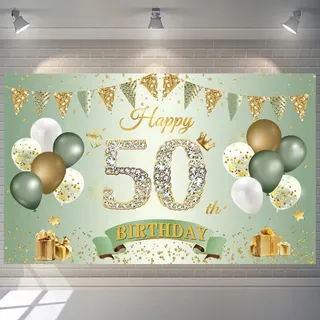 50. Geburtstag Banner Frauen Männer Deko Grün Gold 50 Hintergrund Banner 50 Jahre Geburtstagsbanner Extra Große Stoff Schild Poster für 50 Geburtstag Party Deko