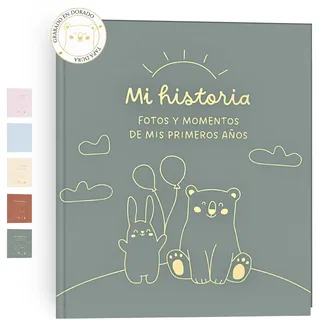 HuBorns - Babyalbum Erstes Jahr bis 5 zum Einkleben von Fotos und Beschriften, Fotoalbum Kinder mit +50 Seiten und Stickern, Originelles Erinnerungsbuch Baby, Fotoalbum Baby (Grün, Spanisch)