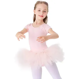 Bezioner Kinder Ballettkleidung Tütü Ballettkleid Mädchen Baumwolle Balletttrikot Kurzarm Ballettanzug Tanzbody mit Rock Rosa 110