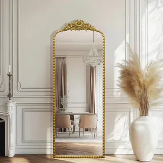 G-LEAF Barock Bogen Ganzkörperspiegel, 56cm x 165cm Vintage Gewölbter Standspiegel, Groß Antiker Wandspiegel zum Stehen, Anlehnen oder Hängen, Bodenspiegel für Schlafzimmer, Wohnzimmer,Gold