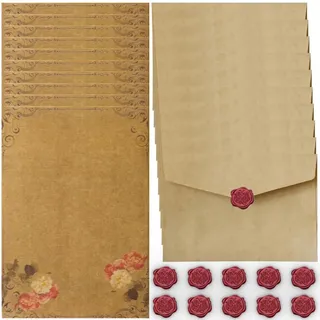 Vintage Briefpapier mit Umschlag Set, Briefpapier Set mit 10 Vintage Papier Umschläge, 16 Vintage A5 Briefpapier und 10 Wachs Siegel Aufkleber, Briefpapier Edel für Hochzeit Einladungskarten (Style C)