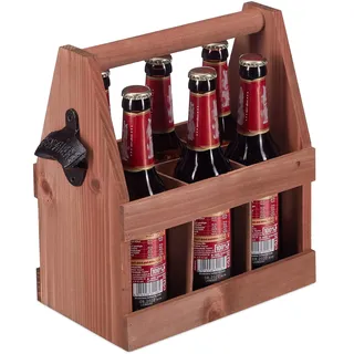 Relaxdays Bierträger aus Holz, mit Flaschenöffner, Flaschenträger 6 Flaschen, Vatertagsgeschenk, Männerhandtasche, Braun