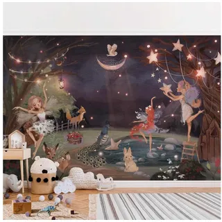 Bilderdepot24 Kindertapete Nacht Garten Feen Aquarell Wald Kinder Natur Landschaft Tiere braun, Glatt, Matt, (Vliestapete inkl. Kleister oder selbstklebend), Mädchenzimmer Jungenzimmer Babyzimmer Bildtapete Fototapete Wandtapete beige|braun 2.88 m x 1.9 m