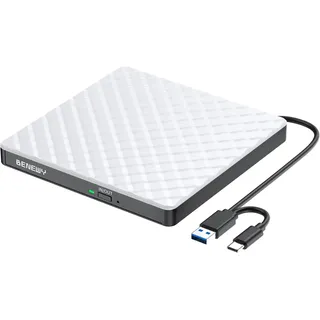 BENEWY Externes CD DVD Laufwerk USB 3.0 & Type-C CD DVD +/-RW Brenner Optische Laufwerke CD DVD Player Reader DVD Laufwerk Extern für PC Laptop Desktop MacBook Windows 11/10/8.1/7 Linux/Mac OS Weiß