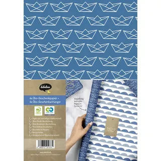 dabelino Geschenkpapier-Set: Papierboote (zur Geburt, Taufe, Kommunion, Konfirmation): 4x Einzelbögen + 4x Geschenkanhänger
