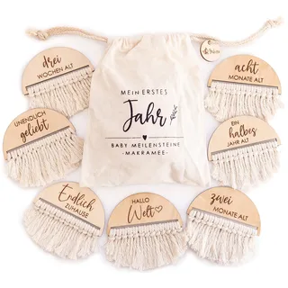 Makramee Meilensteinkarten Baby Holz auf deutsch - 20 Meilensteine auf besonderen Holzscheiben mit Makramee, Baby Meilenstein Karten ideal als Geschenk zur Geburt - Mikito