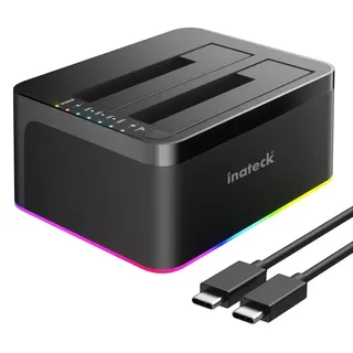 Inateck RGB USB 3.0 USB-C Port Festplatten Dockingstation mit Offline-Klonen, für 2,5/3,5 Zoll SATA HDDs und SSDs, 2 x 20TB Dual Bay Docking Station, UASP unterstützt, SA02003C