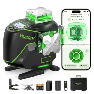 Huepar 16 Linien-selbstnivellierendes Laserniveau mit LCD 4 x 360°, S04CG-C | LCD-Bildschirm, 4D Bluetooth Grüner Strahl Laserwerkzeug 360° Horizontal / Vertikal Laser -Fernbedienung, Hartschalenkoffer