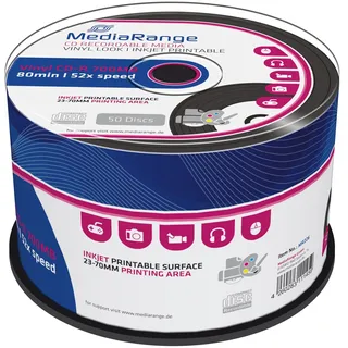 MediaRange Vinyl CD-R 700MB|80min 52-fache Schreibgeschwindigkeit, bedruckbar (Tintenstrahldrucker), Schwarze Schreibseite, 50er Cakebox