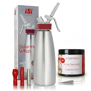 iSi Sahnespender 1l Edelstahl – Profi Sahnesyphon für Schlagsahne & Espuma – Gourmet Whip inkl 3 Tüllen & Reinigungsbürste – Sahnesiphon Flasche + Magic Texturizer