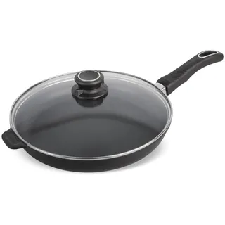 Original Gundel GUSS-PFANNE 28 cm mit Glasdeckel, flach Höhe 4,5 cm, BIOTAN-Oberfläche, PFOA-frei, Set inklusive Deckel