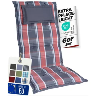 gardisun Gartenstuhlauflagen Hochlehner mit Kopfteil I Extra Dicke Sitzauflagen I Made in Europe I Polsterauflagen für Hochlehner I Auflagen mit extra hohem Komfort I 6er Set I Grau-Orange-Kariert