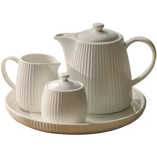 home&you - Teekanne Linioso, 900 ml, mit Zuckerschale und Milchkännchen, Teeservice Porzellan, Kaffeegeschirr, Keramik, Spülmaschinenfest, Mikrowellengeeignet, 26 x 26 x 15.5 cm - Weiß