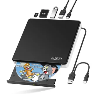 BUNUD Externes DVD Laufwerk für Windows 11: USB 3.0 DVD Laufwerk Extern Externer CD/DVD Brenner und Player mit 2 USB & SD/TF - CD Laufwerk Extern USB-C für Laptop Mac PC MacBook Pro Air
