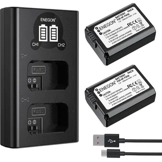 ENEGON NP-FW50 Akku (2-Pack | 1300mAh) und LCD Dual USB Ladegerät für Sony ZV-E10, A6000, A6300, A6400, A6500, A7, A7II, A7RII, A7SII, A7S, A7R, A7RII, A55, A5100, RX10 - Zubehör Kit
