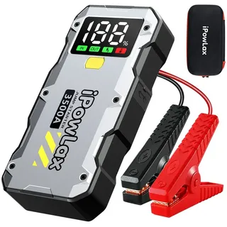 iPowLax Starthilfegerät 12800 mAh (12 V), LCD-Display, Schnelllade-USB, Zwangsstart & LED-Taschenlampe
