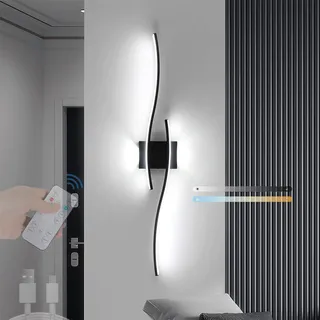 LED Innen Wandleuchte Dimmbar mit Fernbedienung Wandlampe Metall USB Ladebare Wandlicht Kabellos Minimalistisch Batteriebetriebene Wandbeleuchtung Gebogene Welle für Schlafzimmer (Schwarz,120cm)