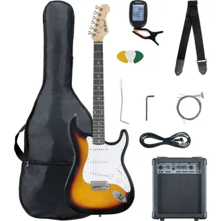 McGrey Rockit ST Komplettset E-Gitarre (8-teiliges Anfängerset mit Gitarre, Verstärker, Ersatzsaiten, Gitarrentasche, Stimmgerät, Plektren, Gurt und Gitarrenkabel) Sunburst