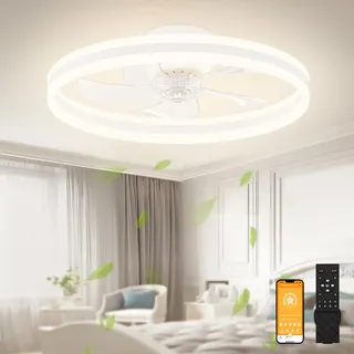 VOLISUN Deckenventilator mit Beleuchtung und Fernbedienung, 6 Windstufen und Dimmbar, Moderner Deckenlampe mit Ventilator, Leiser LED Deckenventilator für Schlafzimmer Wohnzimmer (Weiß, 40CM)