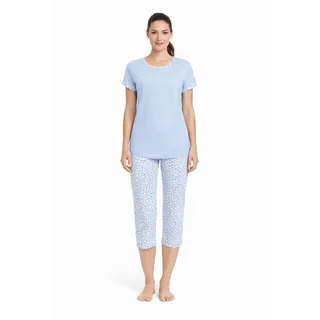 Ringella Damen Schlafanzug Kurzarm mit Caprihose – Pyjama mit einfarbigem Shirt, Millefleur-Hose, Rundhalsausschnitt, Single Jersey aus 100% Baumwolle, pflegeleicht - 50
