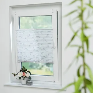 Plissee GARESA "Blätter" Gr. 3, grau (weiß, grau, weiß, weiß), B:120cm H:130cm, Obermaterial: 100% Polyester, Plissees, einfache Montage, bedruckt, blickdicht