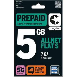 congstar Prepaid ALLNET S SIM-Karte ohne Vertrag I 3GB Prepaid-Paket in D-Netz Qualität für Einsteiger I 5G mit 25 Mbit/s I Telefonie & SMS Flat in alle dt. Netze I EU-Roaming inkl.