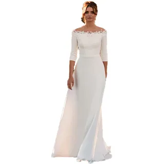 WZEFEIO Vintage Brautkleid Mit 3/4 Ärmel, Schulterfrei, Satin, Reißverschluss Hinten - Weiß, 16 Large Sizes - 16 Large sizes