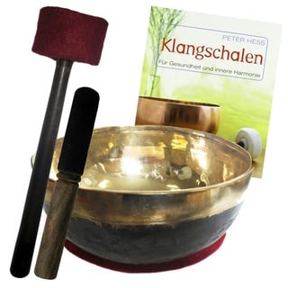 Klangschale für Klangtherapie & Klangmassage 6-tlg Set + Peter Hess Klangschalen Therapie Buch. 1000-1100g UNIVERSALSCHALE Himalaya Region Tibet/Nepal mit Klangschalenkissen. 70173