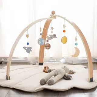 WOODEN TEETHER Spielbogen Baby aus Holz mit 5 abnehmbaren sensorischen Spielzeugen | Montessori Spielbogen Faltbares Baby Gym aus Holz Babyzimmer Kinderzimmer Dekoration (Triangle Log Farbe)