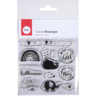 Rayher Clear Stamps Willkommen Baby, Bogen 97 x 102,5 cmm, 12 Motive, klar, transparente Stempel, durchsichtig, Silikonstempel, 50257000