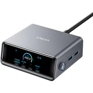 Anker Prime 250W USB-C Ladegerät, Ultra-schnelle 6-Port GaN Ladestation, 2,26" LCD-Display und Smart Control Regler, kompatibel mit MacBook Pro/Air, iPhone 16/15/14, Pixel, Galaxy, Apple Watch & mehr