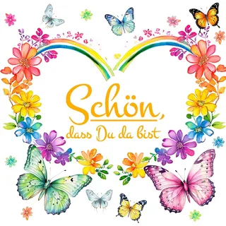 20 Servietten Regenbogen Schön in Regenbogenwelt als Tischdeko mit Spruch Schön dass Du da bist. Papierservietten Herz mit Schmetterlinge zum Geburtstag, Hochzeit, Taufe, Geburt 33x33cm