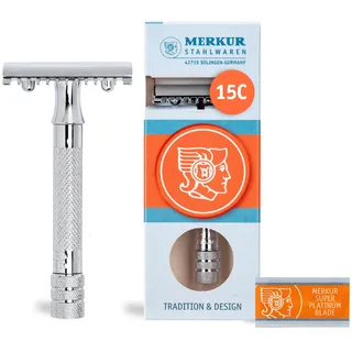 MERKUR Rasierhobel 15C | Klassiker mit Zahnkamm Glanzchrom | Dreiteiliger Rasierer mit geradem Schnitt | Offener Kamm | Ideal für Nassrasur | Zinkdruckguss | Messing Griffstück | Made in Germany